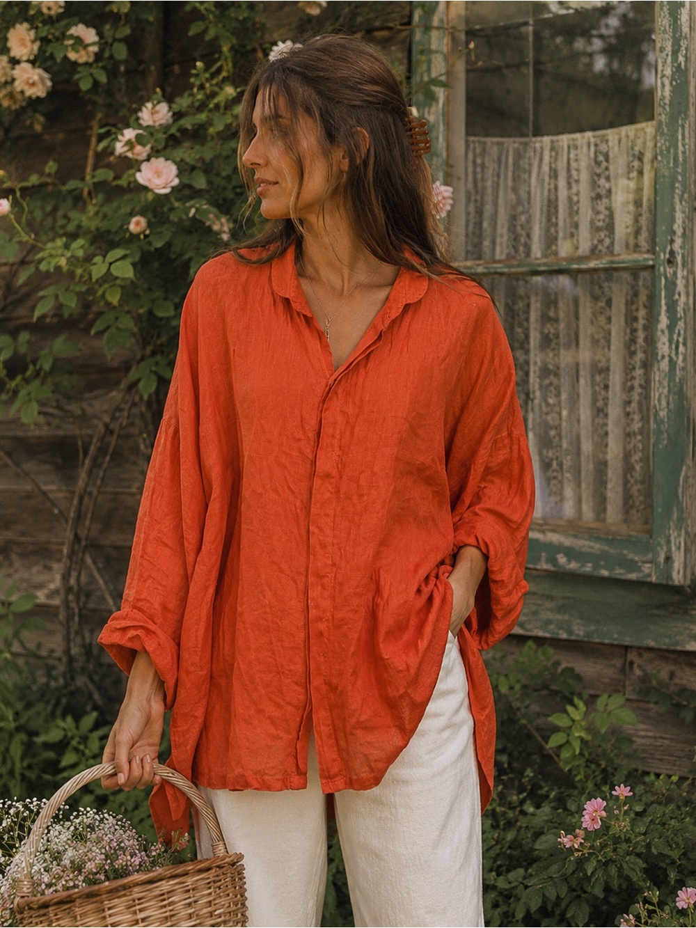 Planet by Lauren G Linen Handkerchief Blouse Buttondown Orange One Size - Picture 1 of 9